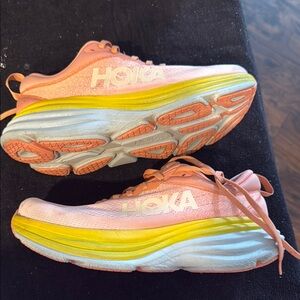 Hoka Bondi 8  Pink and Yellow Running Shoes